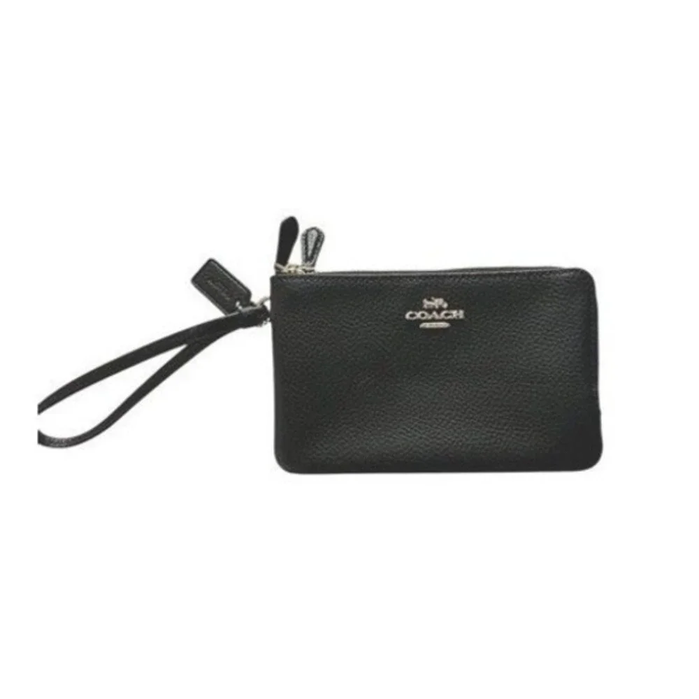 Coach Double Zip Wristlet Black Pebbled Leather Gold Logo Small Bag F87591